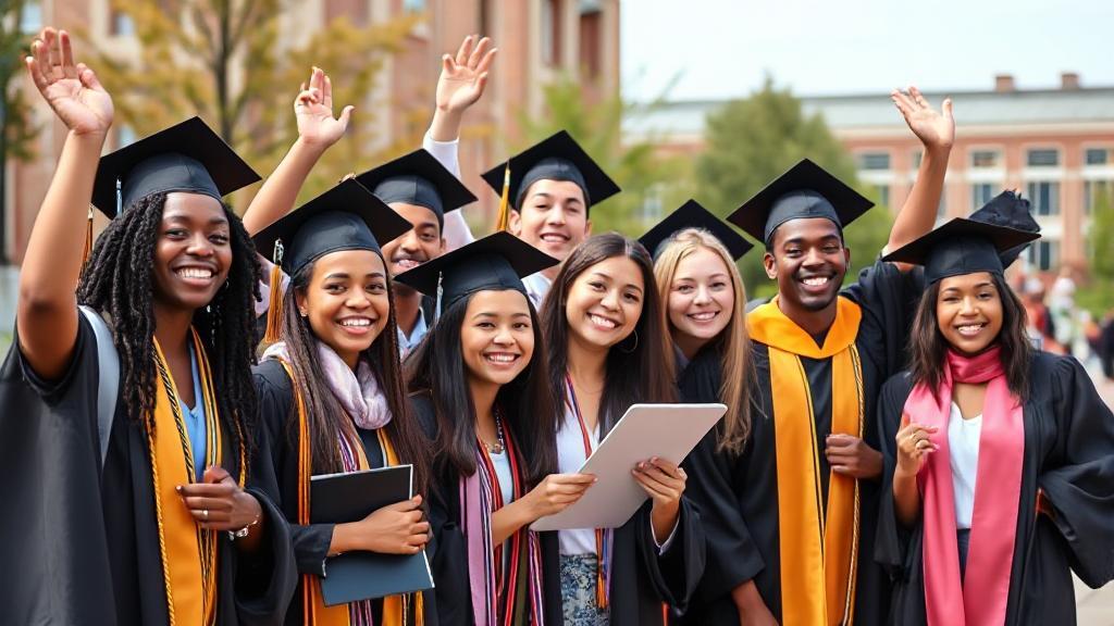 A diverse group of students in graduation attire celebrating on a university campus.