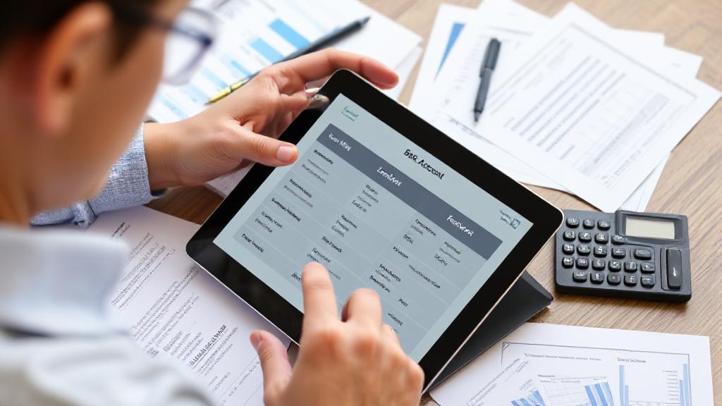 A person thoughtfully reviewing multiple bank account options on a digital tablet, surrounded by financial documents and a calculator.