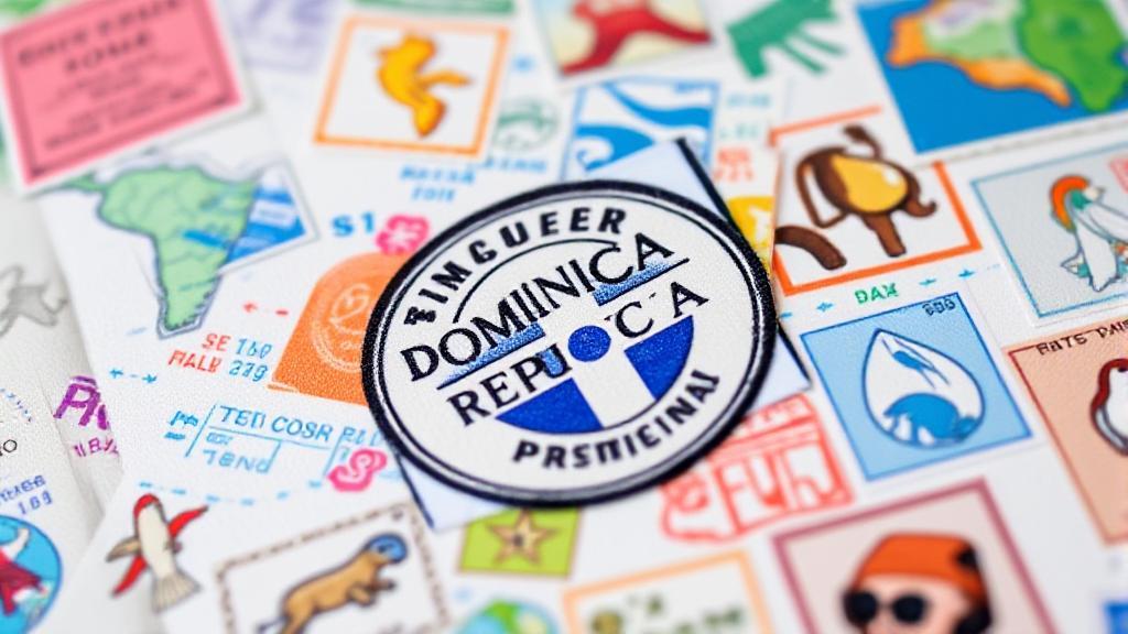 A vibrant image of a Dominican Republic passport stamp on a page filled with colorful travel stamps from around the world.
