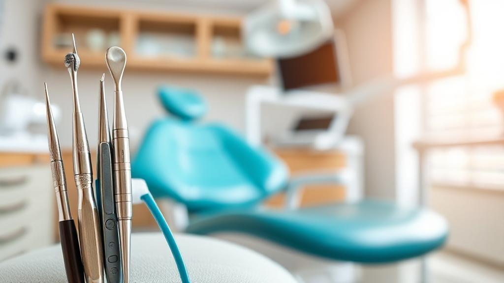 A close-up of dental tools beside a reclining dental chair in a brightly lit clinic, symbolizing a calm and professional setting for a root canal procedure.