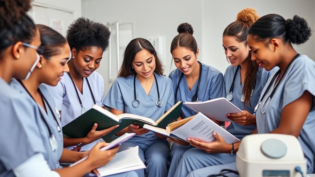 A diverse group of nursing students in scrubs engaged in a collaborative study session, surrounded by medical textbooks and equipment.