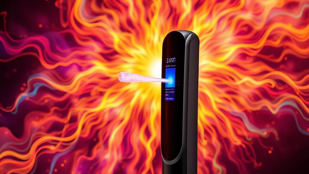 A sleek, modern device analyzing breath to personalize metabolism insights against a backdrop of vibrant, dynamic energy patterns.