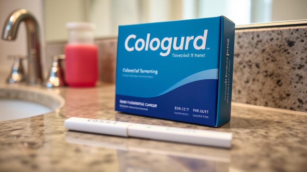 A close-up image of a Cologuard test kit on a bathroom counter, symbolizing at-home colorectal cancer screening.