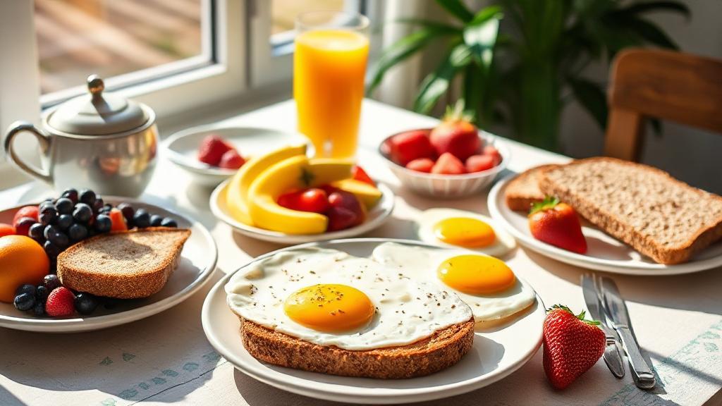 A vibrant breakfast spread featuring fresh fruits, whole-grain toast, eggs, and a glass of orange juice on a sunlit table.