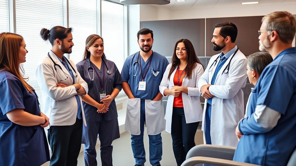 A diverse group of medical professionals discussing bariatric surgery options with a patient in a modern clinic setting.
