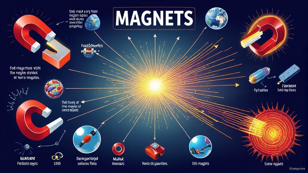 A vibrant illustration showcasing various types of magnets, their magnetic fields, and real-world applications.