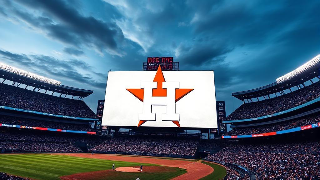 A dynamic image of a baseball stadium with the Houston Astros logo prominently displayed on a large screen, capturing the excitement of game day.