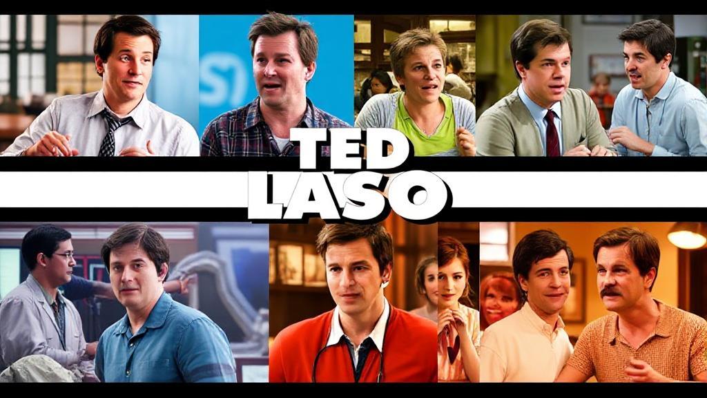 A vibrant collage of key moments from each season of "Ted Lasso," featuring the main characters in iconic scenes.