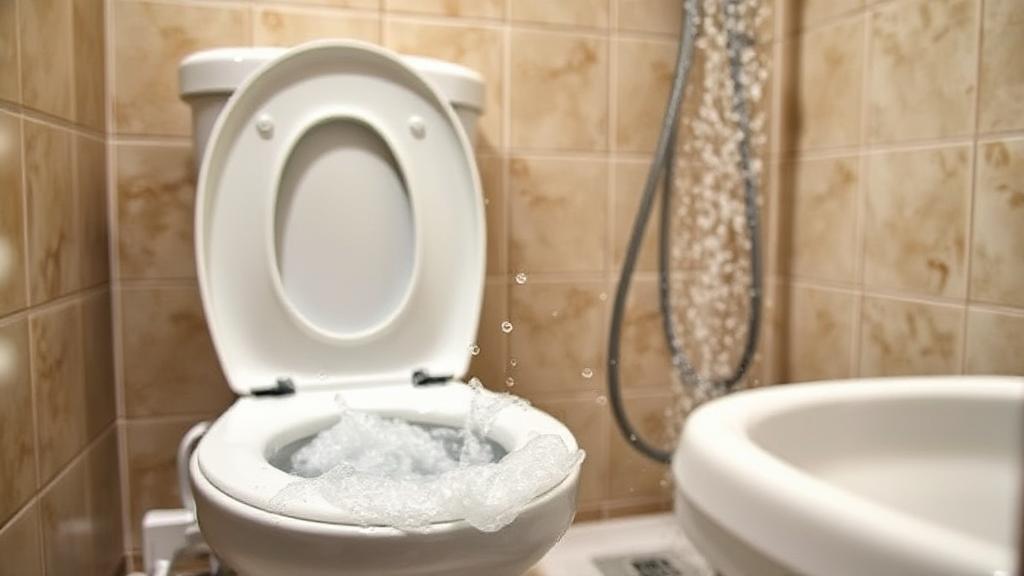 A close-up image of a bathroom with a bubbling toilet and a running shower in the background, illustrating the plumbing issue discussed in the article.