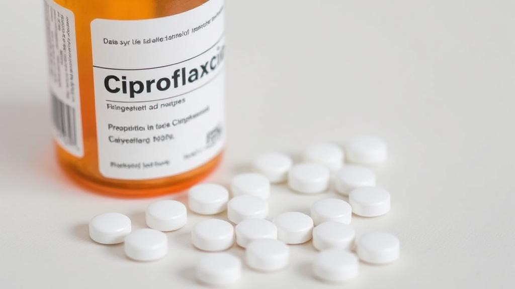 A close-up image of a prescription bottle labeled "Ciprofloxacin" with scattered white pills on a neutral background.