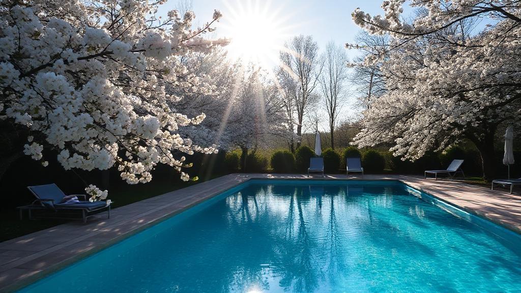 A sunlit swimming pool surrounded by blossoming trees, signaling the start of the swimming season.