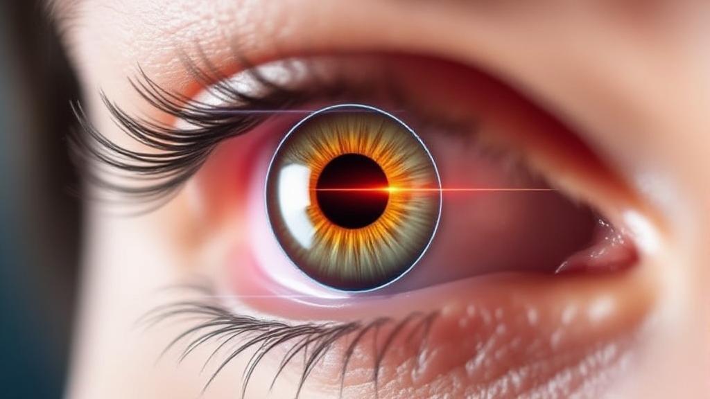 A close-up image of an eye with a digital overlay illustrating the correction of astigmatism through LASIK surgery.