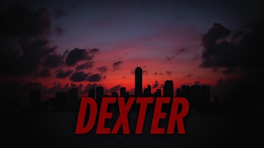 A dark, moody image of Miami's skyline at dusk with a blood-red tint, hinting at the suspenseful and thrilling nature of the "Dexter" series.