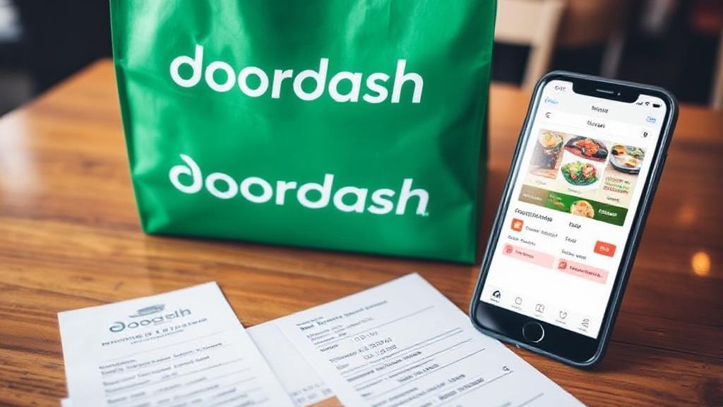 A visually engaging image featuring a DoorDash delivery bag, a smartphone displaying the app, and a receipt with highlighted fees and tips, set on a dining table.