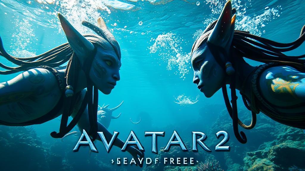 A vibrant underwater scene featuring the Na'vi from "Avatar 2: The Way of Water," showcasing the film's stunning aquatic landscapes and characters.