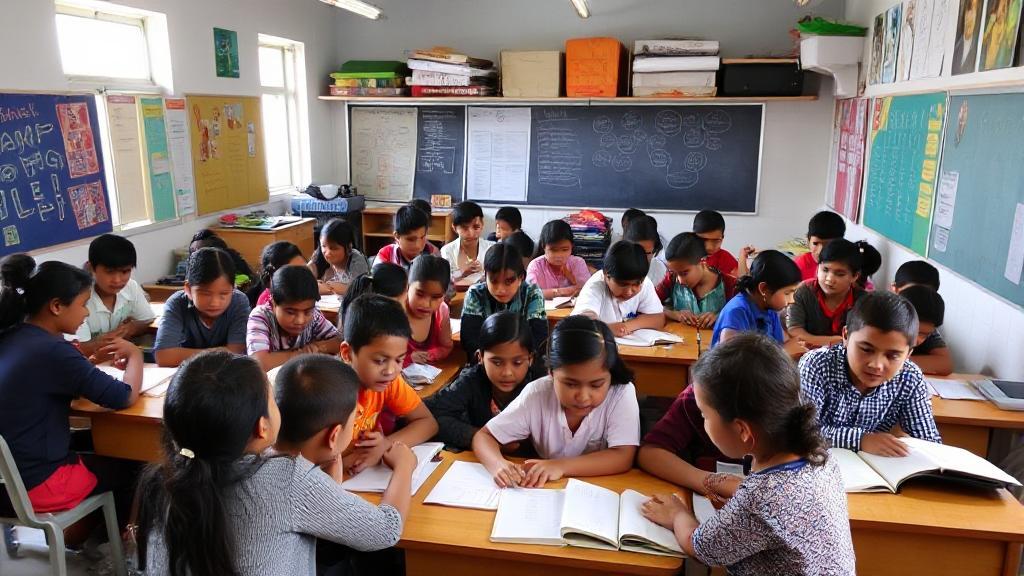 A diverse group of students engaged in various learning activities in a vibrant, non-traditional classroom setting.