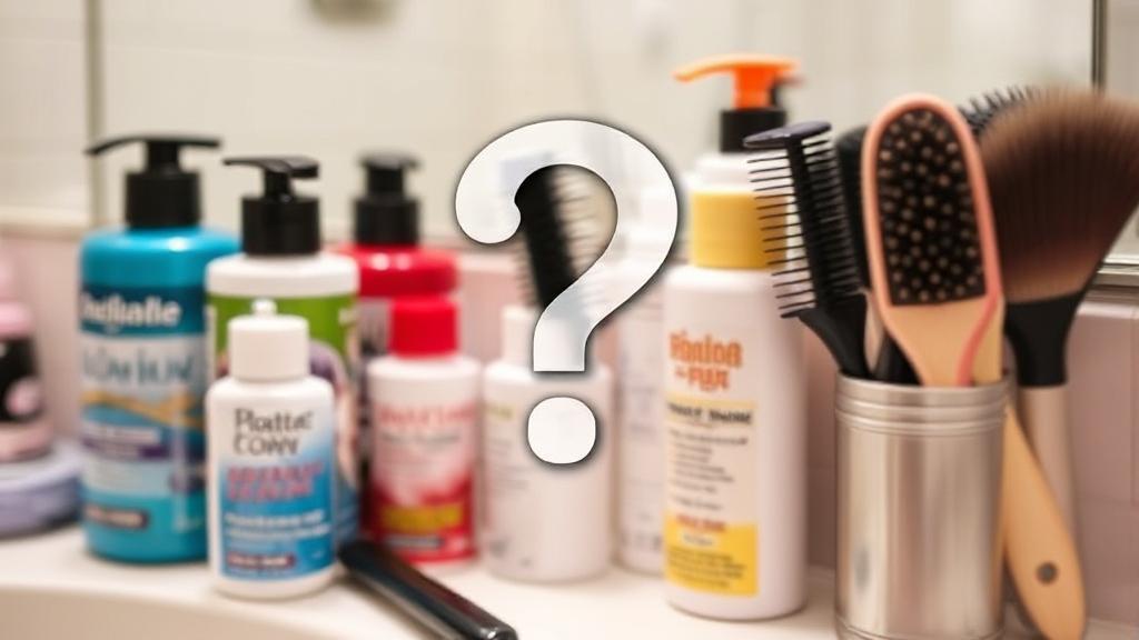 A close-up image of various hair dye bottles and brushes arranged on a bathroom counter, with a subtle overlay of a question mark symbol.