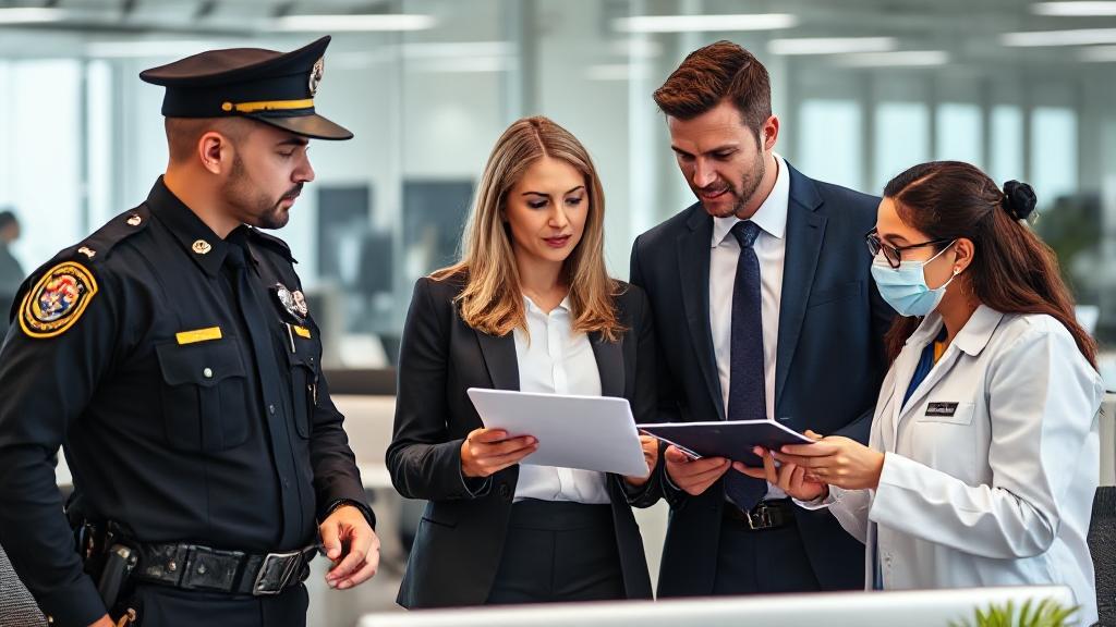 A diverse group of professionals, including a police officer, lawyer, and forensic analyst, collaborating in a modern office setting.
