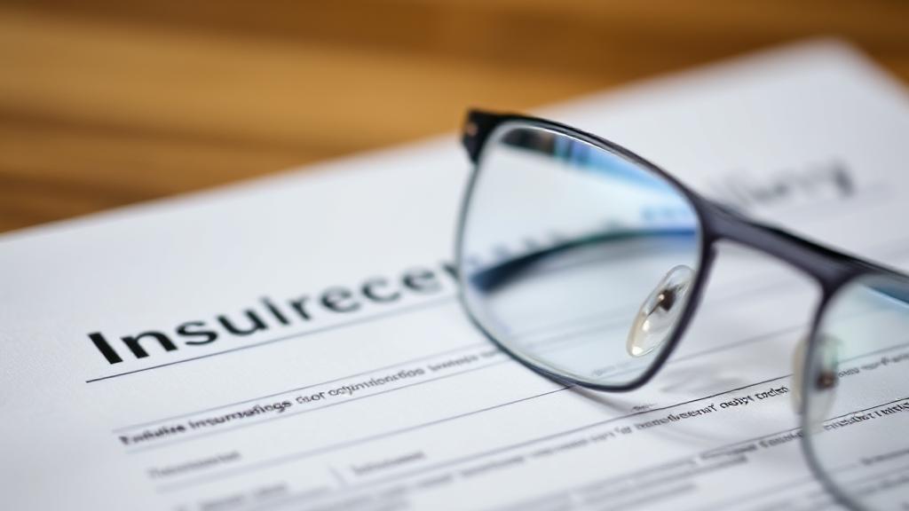 A close-up of a pair of eyeglasses resting on top of an insurance policy document, with a blurred vision chart in the background.