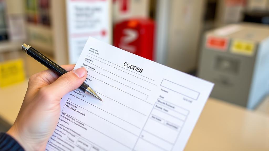 A close-up image of a hand holding a money order form, with a pen poised to fill it out, set against a backdrop of a local post office counter.