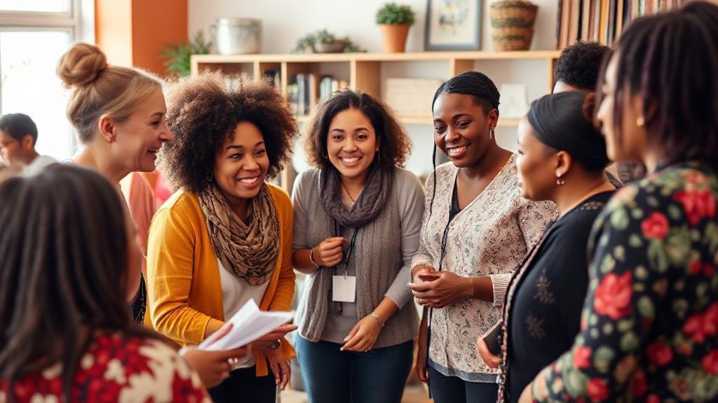 A diverse group of social workers collaborating and engaging with community members in a vibrant, supportive environment.