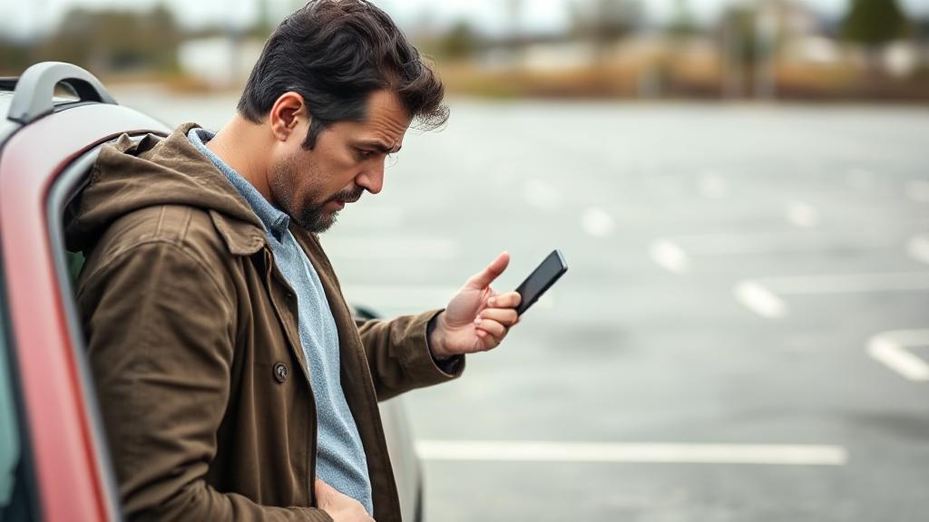 A worried car owner examines their vehicle in an empty parking lot, highlighting the importance of understanding car insurance coverage for theft.