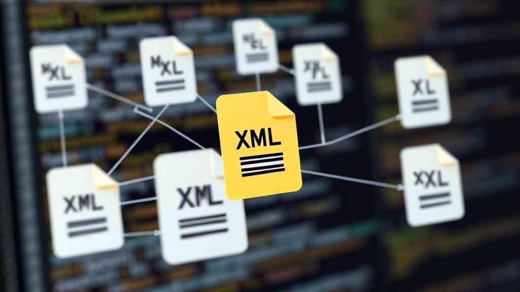 A digital illustration of interconnected XML file icons with code snippets in the background.
