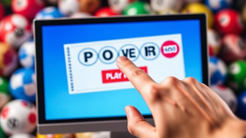 A vibrant image of a computer screen displaying a Powerball ticket with a hand poised to click "Play Now," set against a backdrop of colorful lottery balls.