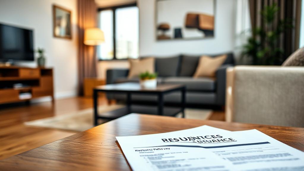 A cozy apartment living room with a visible renters insurance policy document on the coffee table, symbolizing security and peace of mind.