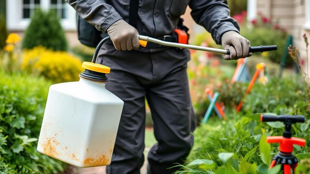 A close-up image of a pest control technician in uniform spraying a residential garden, with various pest control tools and equipment visible in the background.