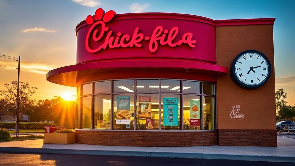 A vibrant image of a Chick-fil-A restaurant at sunrise, highlighting the breakfast menu items and a clock indicating the breakfast hours.