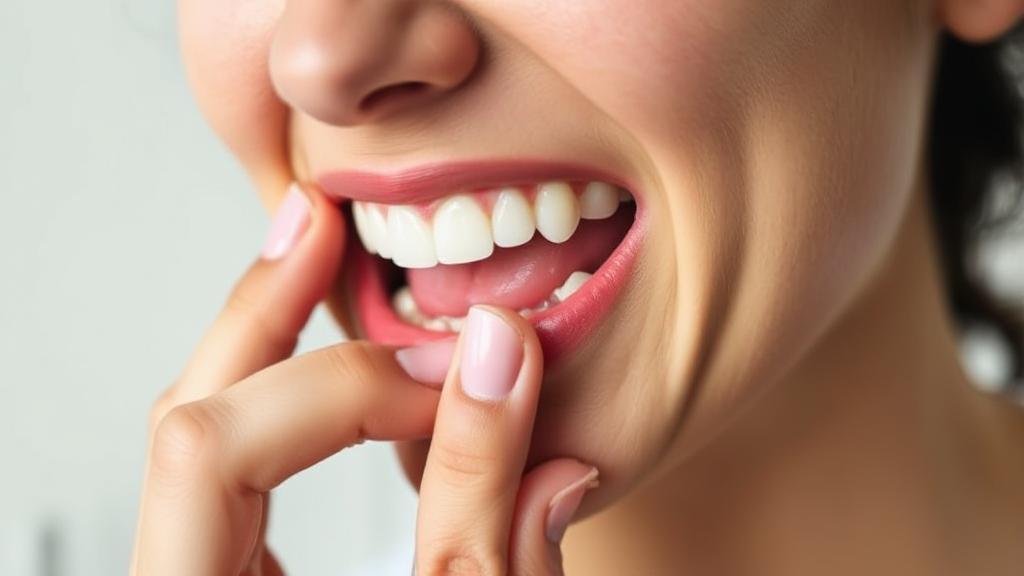 A close-up image of a person gently touching their front teeth, with a concerned expression, highlighting the theme of sudden dental pain.