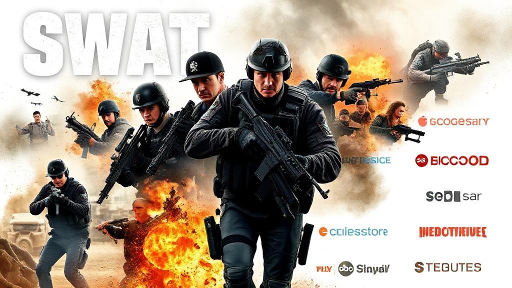 A dynamic collage of action-packed scenes from SWAT, featuring the main cast in tactical gear, set against a backdrop of streaming platform logos.