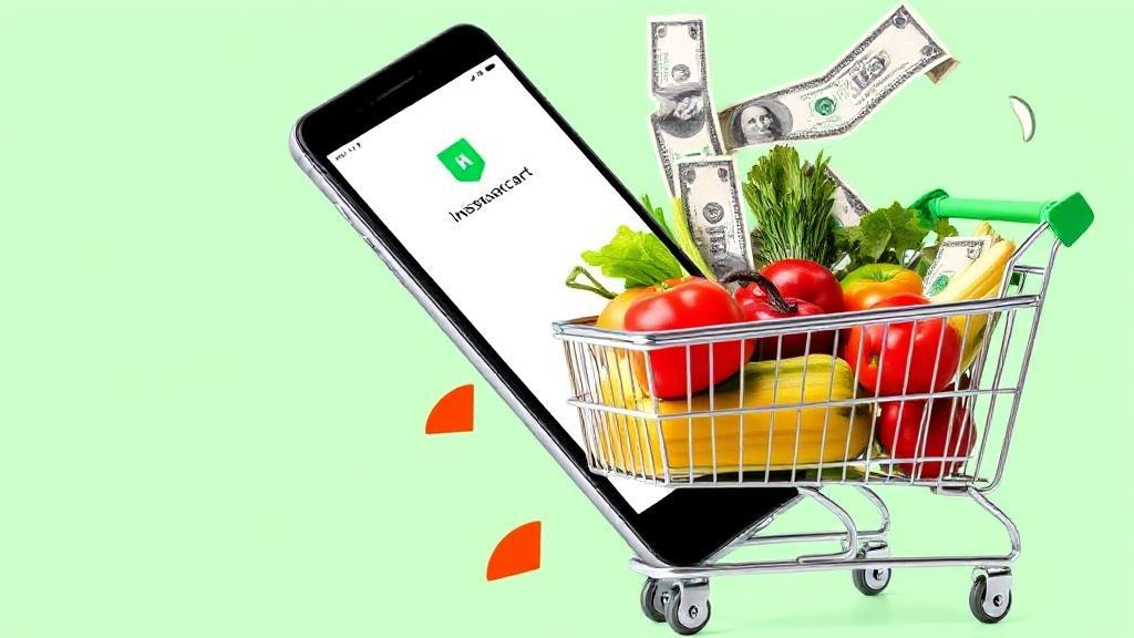 A dynamic collage of a smartphone displaying the Instacart app, a grocery cart filled with fresh produce, and dollar bills symbolizing earnings potential.