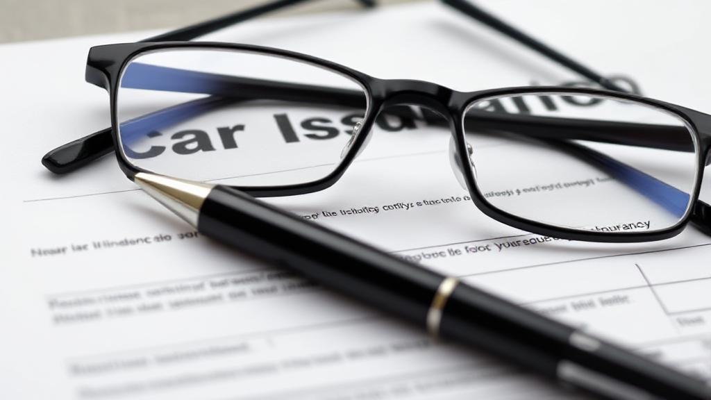 A close-up image of a car insurance policy document with a pair of reading glasses and a pen resting on top.