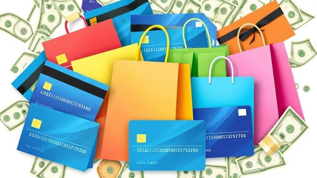 A vibrant collage of credit cards, shopping bags, and dollar bills symbolizing cash back rewards.