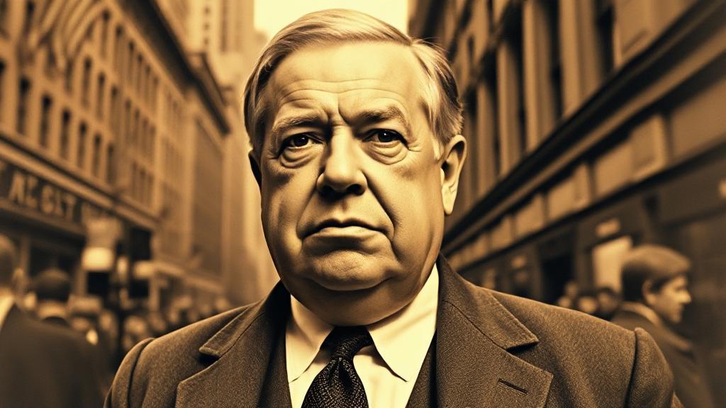 A sepia-toned portrait of J.P. Morgan, exuding authority and influence, set against a backdrop of early 20th-century Wall Street.