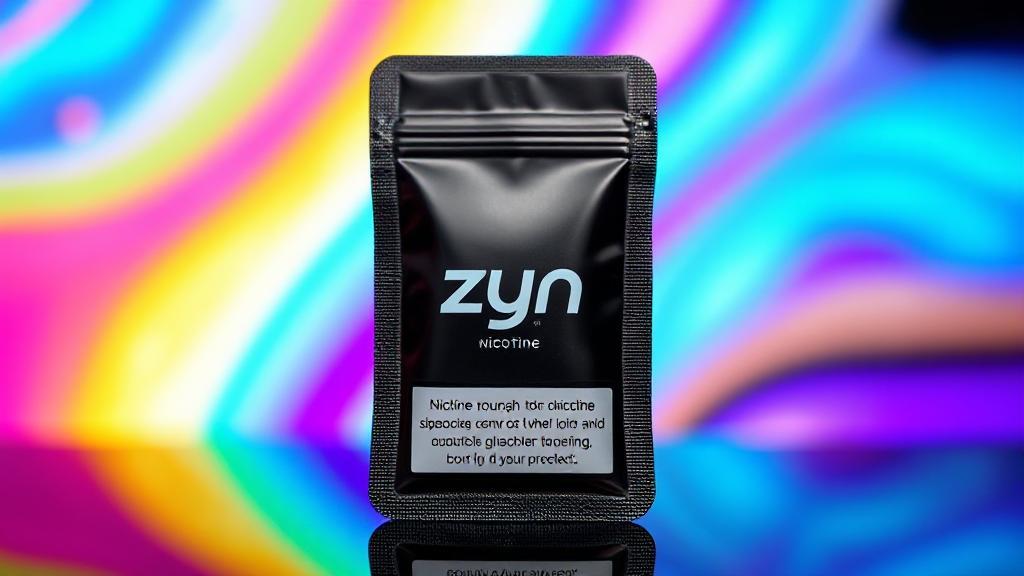 A close-up image of a Zyn nicotine pouch with a vibrant, modern background highlighting its sleek packaging.