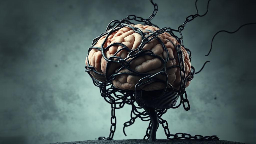 A thought-provoking image depicting a tangled brain with chains, symbolizing the complexity of addiction and the journey towards recovery.