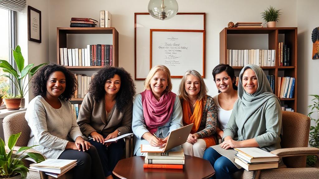 A serene image of a diverse group of therapists in a cozy office setting, surrounded by books and diplomas, symbolizing the educational journey to becoming a therapist.
