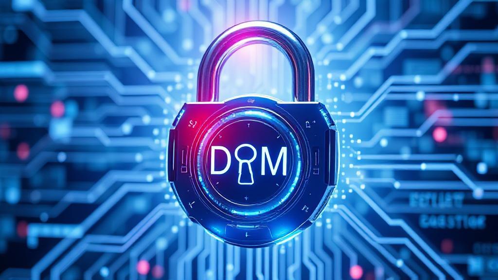 A futuristic digital lock symbolizing the protection and control of digital content through DRM technology.