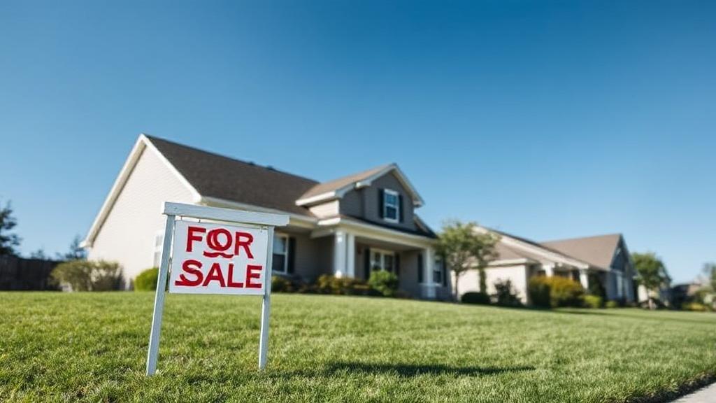 A picturesque suburban home with a "For Sale" sign on the lawn, set against a clear blue sky.