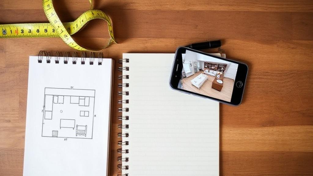 A top-down view of a measuring tape, a notepad with sketched room dimensions, and a smartphone displaying an augmented reality app for visualizing furniture placement.