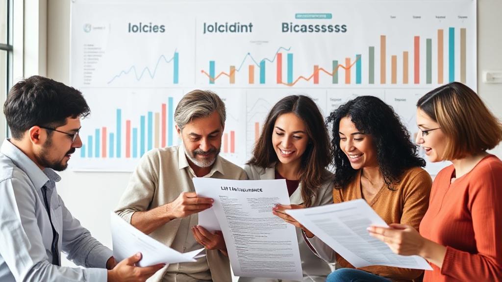 A diverse group of people reviewing life insurance documents with charts and graphs in the background, symbolizing the analysis of costs and factors.