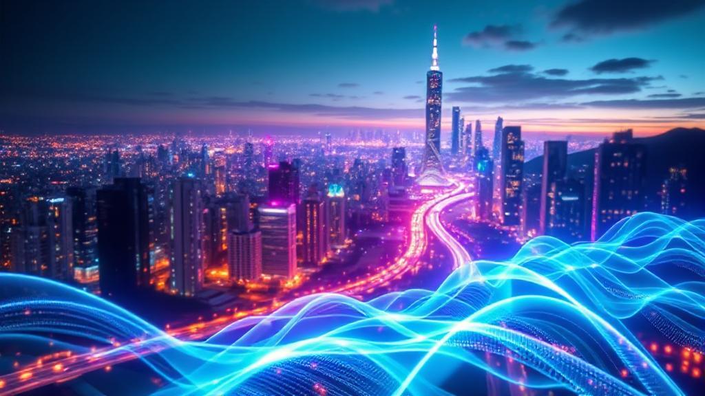 A futuristic cityscape illuminated by vibrant digital waves representing 5G UW technology.