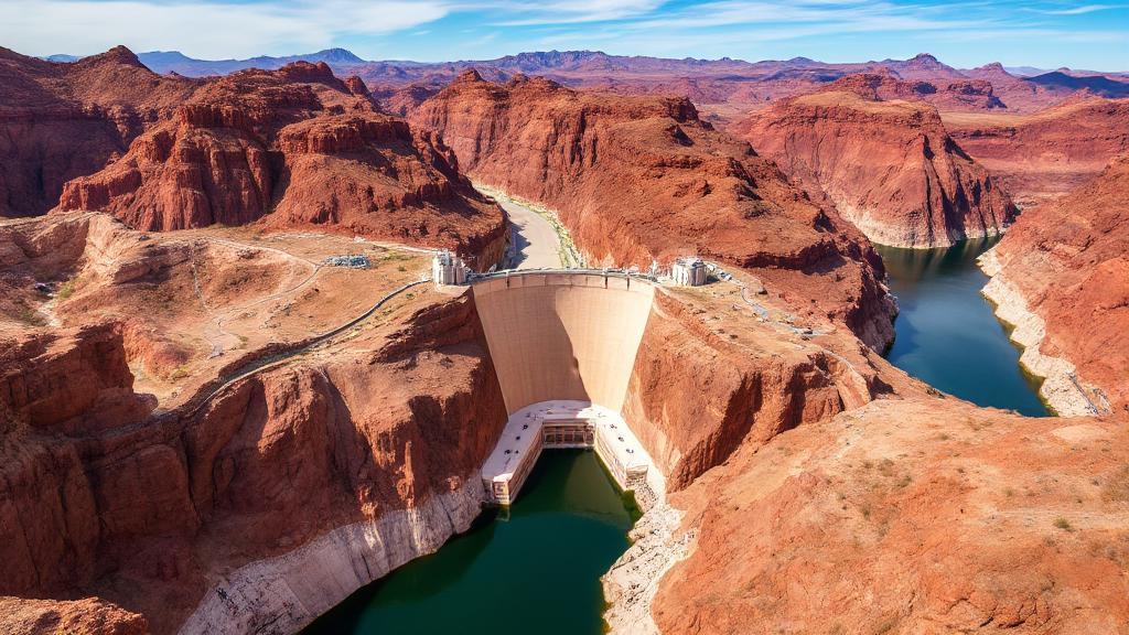 Aerial view of Boulder Dam, nestled between rugged desert mountains and the winding Colorado River.