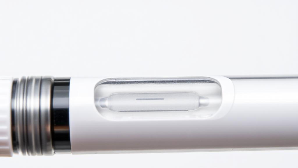 A close-up image of an Ozempic pen with a transparent window showing the medication level, set against a neutral background.