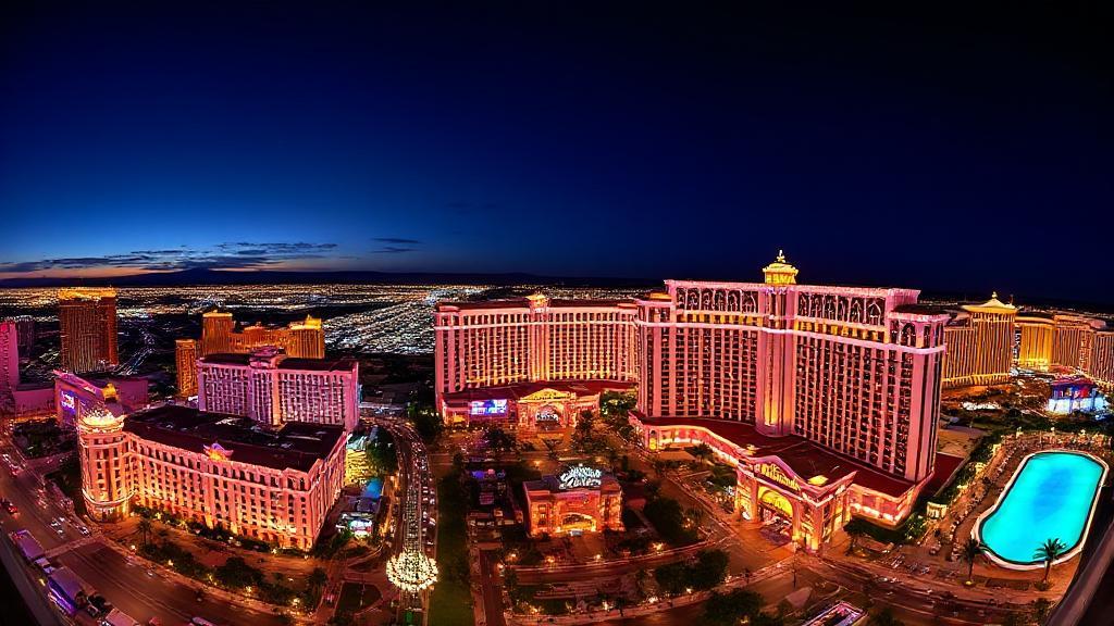 A panoramic view of The Venetian Las Vegas, showcasing its iconic architecture and vibrant lights against the night sky.