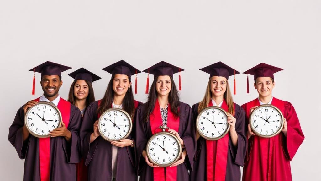 A diverse group of students in graduation attire, each holding a clock, symbolizing the varied timelines for completing a doctorate degree.