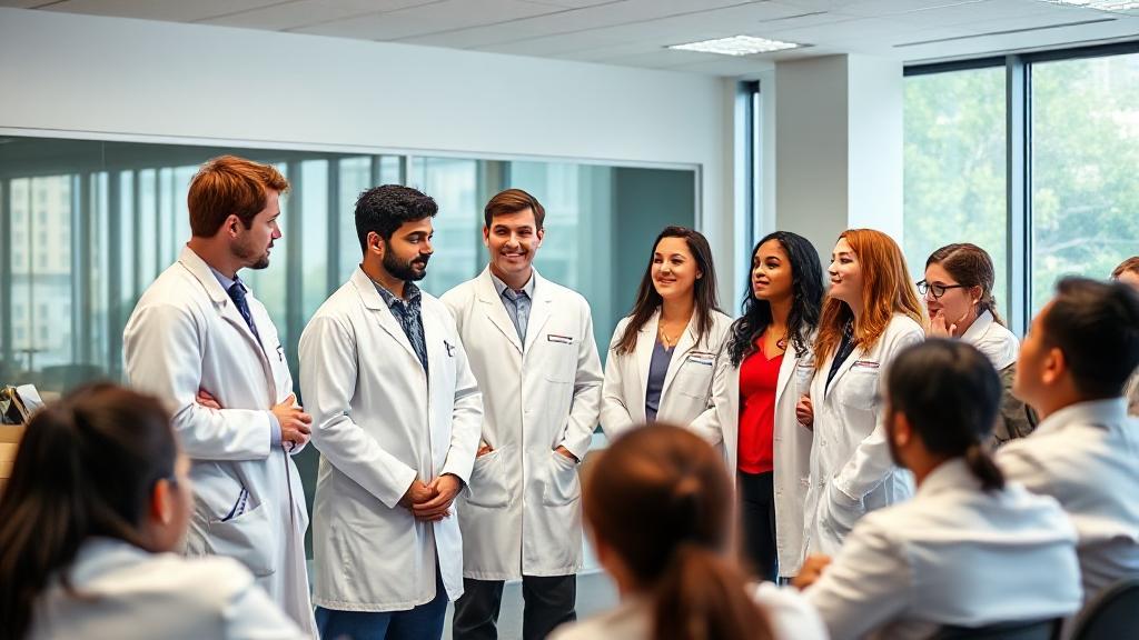 A diverse group of pharmacy students in white lab coats engaged in a lively discussion in a modern university classroom.